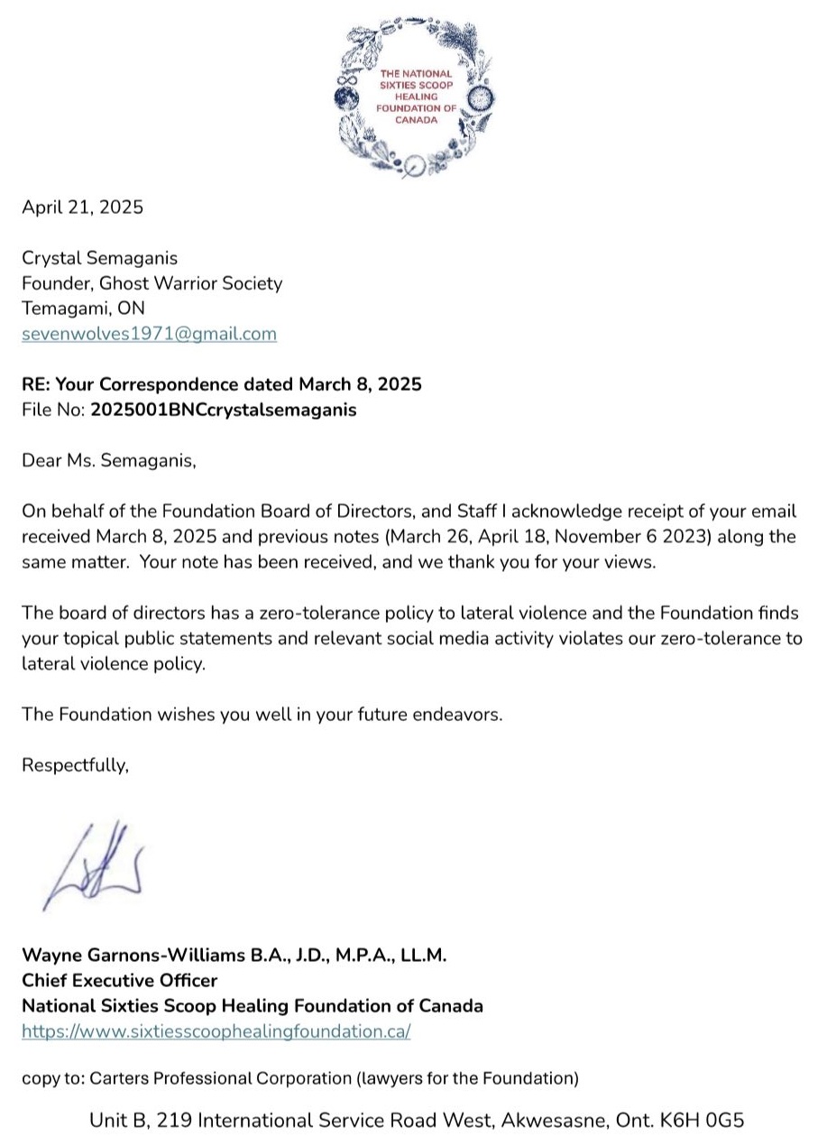 Letter from National Sixties Scoop Healing Foundation to Crystal Semaganis regarding lateral violence.