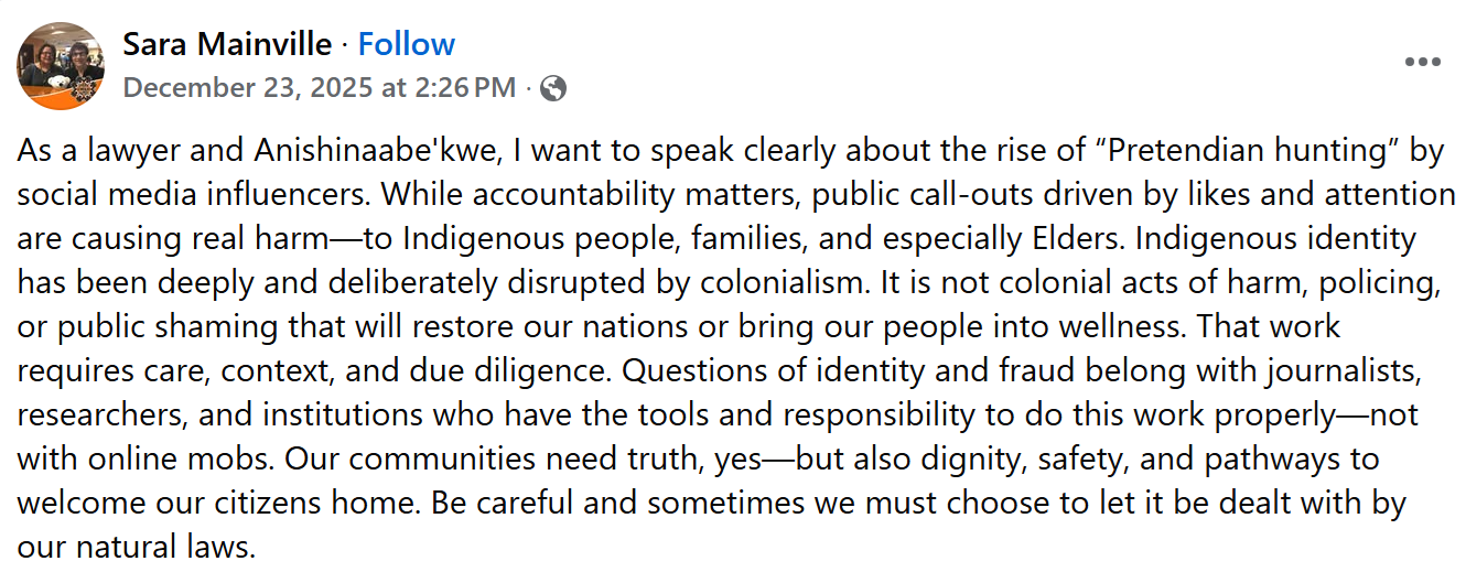 Sara Mainville discussing harms caused by pretendian hunting.